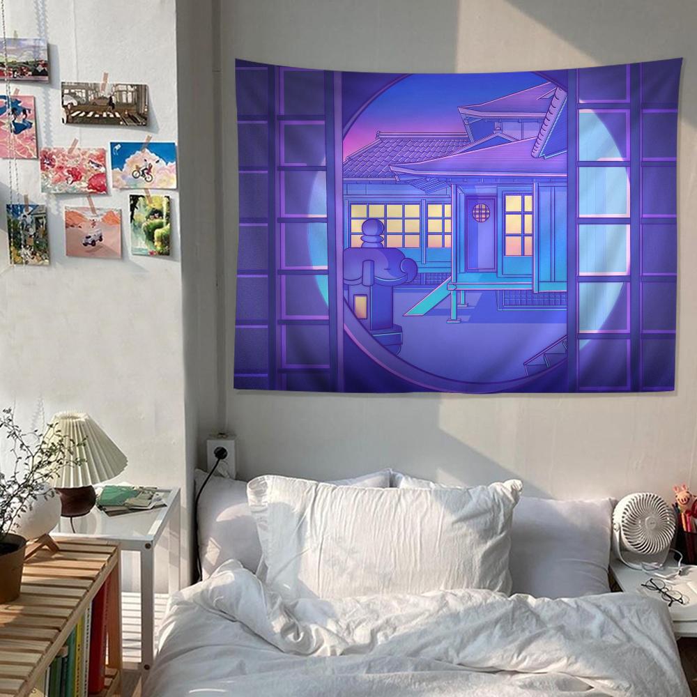 80S Vaporwave Style City Night Street Cat Cartoon Tapestry Wall Hanging Decoration Household Home Decor