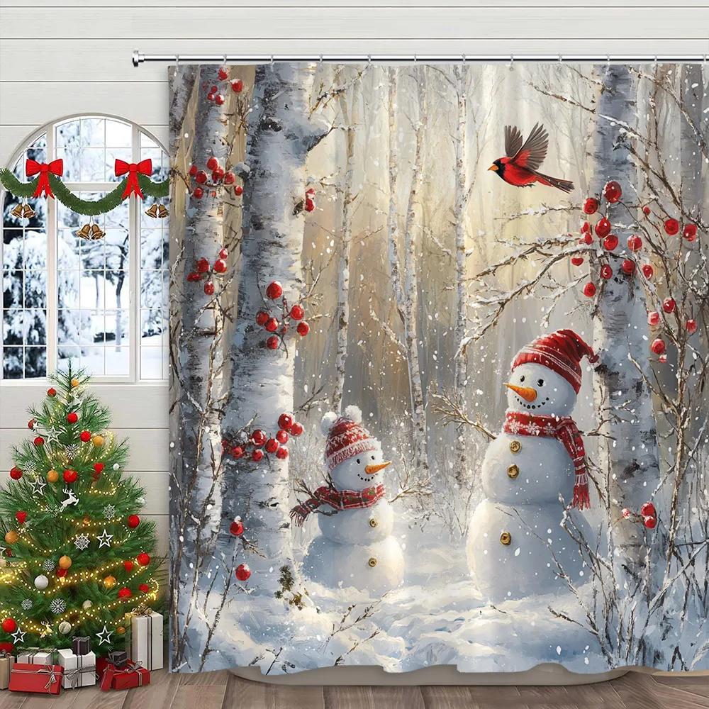 Pink Christmas Printed Shower Curtain Cute Snowman and Christmas Tree Gift Polyester Shower Curtains Bathroom Decor with Hooks