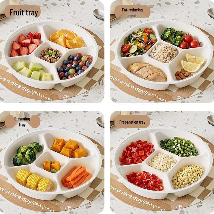 Portable 5-Compartment Round Snack Plate - Multi-Use for Side Dishes & Fruit - Plastic Tableware for Weight Loss
