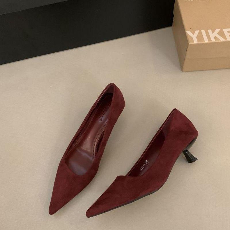 

Французские остроносые туфли-лодочки и черные туфли на высоком каблуке женские 2025 новая весна и осень тонкий каблук замша с открытым верхом офисные туфли 41 красный