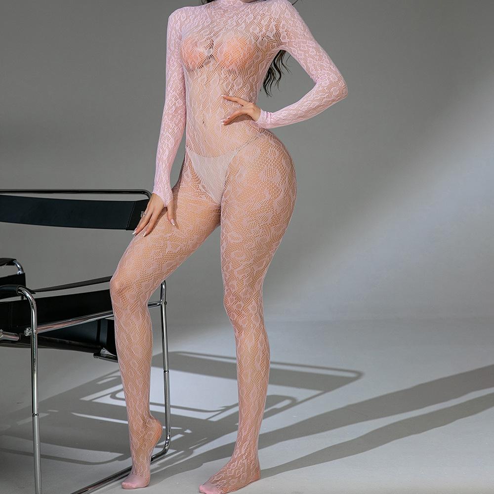 Pink long-sleeved backless romantic lingerie, net garment, sexy European and American cross-border pajamas, jacquard one-piece tight-fitting...