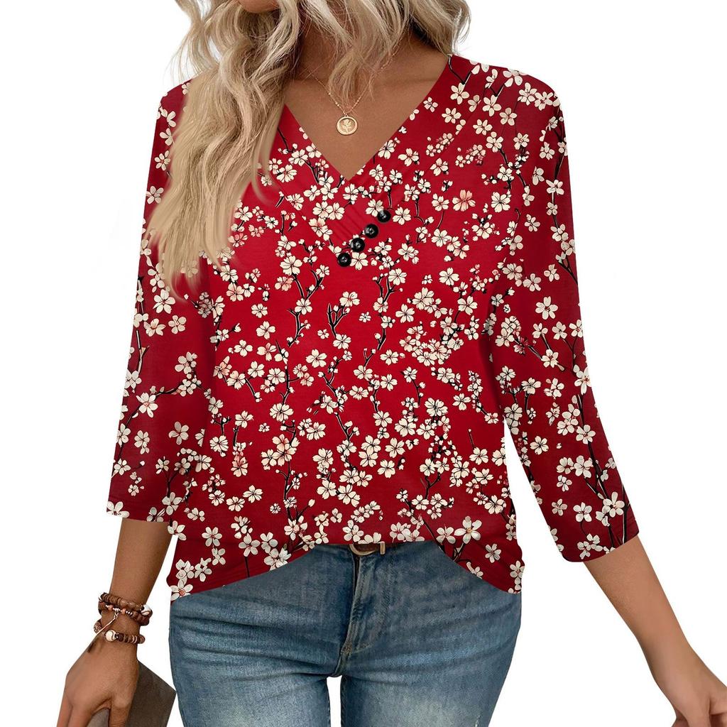 Women's Print Top Button-down V-neck T-shirt 3/4 Sleeve Loose Fashion Top