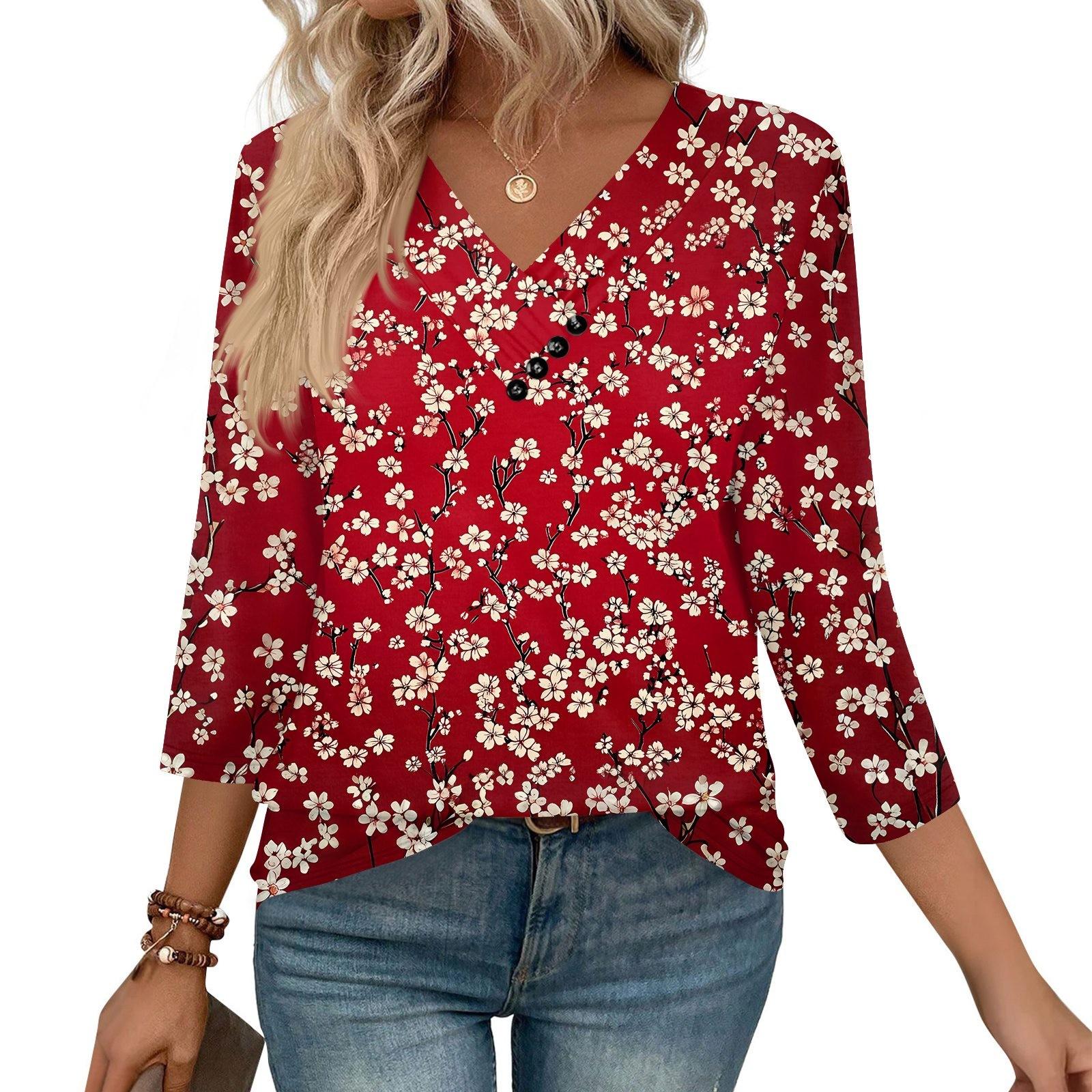 

Women s Print Top Button-down V-neck T-shirt 3/4 Sleeve Loose Fashion Top M винний