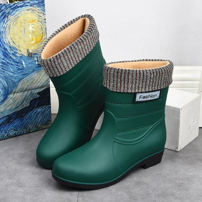 

Модные резиновые сапоги на плюшевой подкладке для женщин, дождевая обувь, удобные слипоны, водонепроницаемые галоши, женские садовые водные сапоги, резиновые дождевые сапоги 38 зелёный