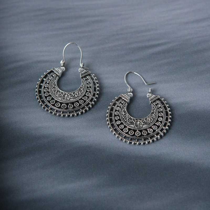Vintage Antique Gold  Silver Color Flower Metal Hoop Earrings Punk Alloy Earring Brincos for Women