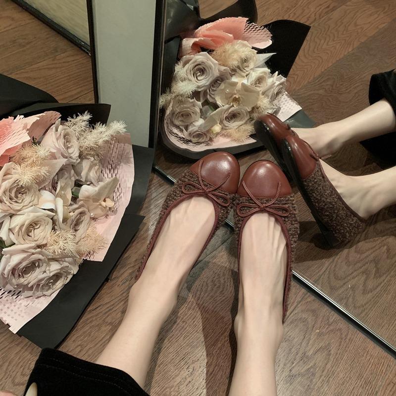 Sheepskin version of classic round head bow velvet tweed shallow mouth flat bottom single shoes women