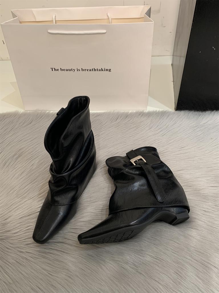 Retro Square Head Western Cowboy Boots Short Boots Women's Autumn and Winter Belt Buckle Niche Inner Height Increasing Spice Girls Pant Pants Boots