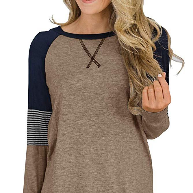 SCIONE Nová móda Dámské pruhované tričko Šití Kulatý výstřih Ležérní Dámské tričko Volný top