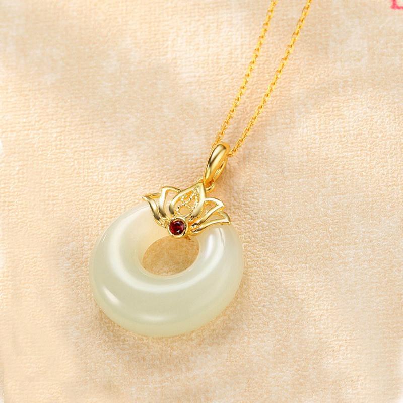 Natural Hetian Jade Lotus White Chalcedony Necklace For Women