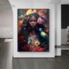 Afro Girl with Flowers Wall Art Pictrues African Beauties Flowers Fashion Canvas Painting Prints Posters for Living Room Decor
