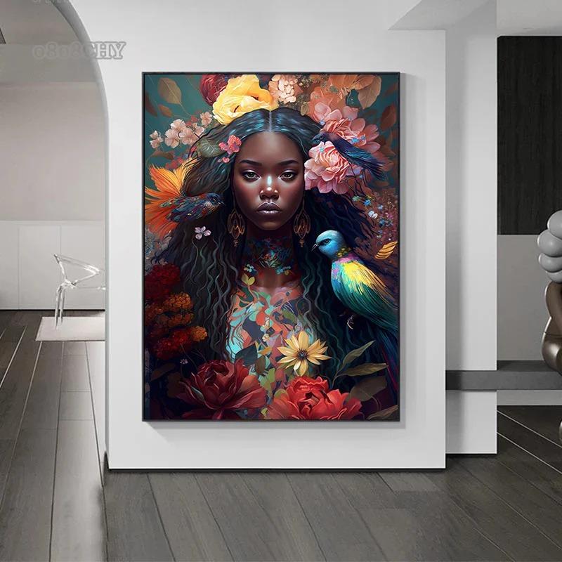 Afro Girl with Flowers Wall Art Pictrues African Beauties Flowers Fashion Canvas Painting Prints Posters for Living Room Decor