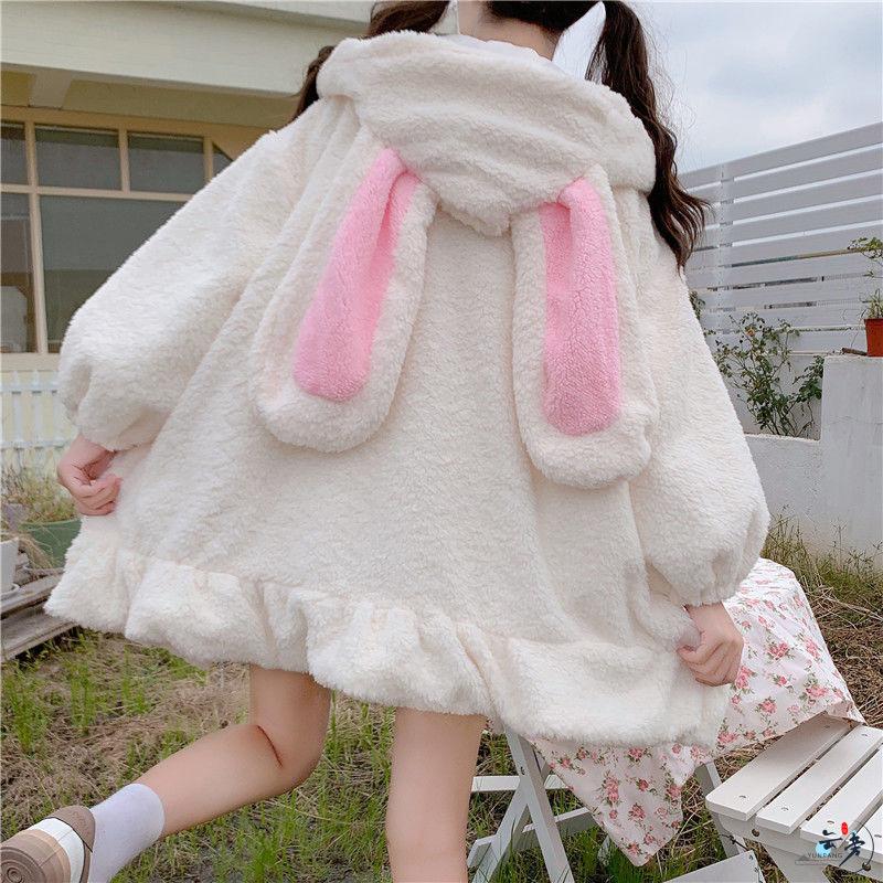 Japanese Cute Rabbit Ears Lamb Hair Plus Velvet Thickened Plush Fluffy Rabbit Sweatshirt Jacket for Women In Spring, Autumn and Winter