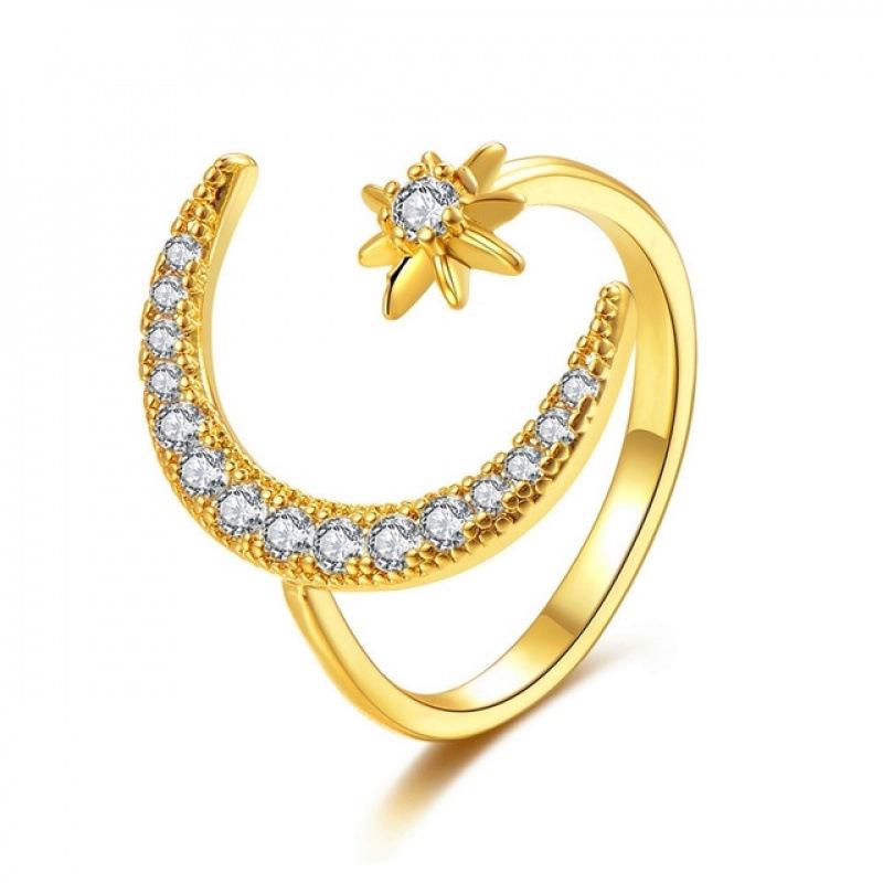 Crescent Moon & Star Open Ring: Elegant European and American Fashion for Women