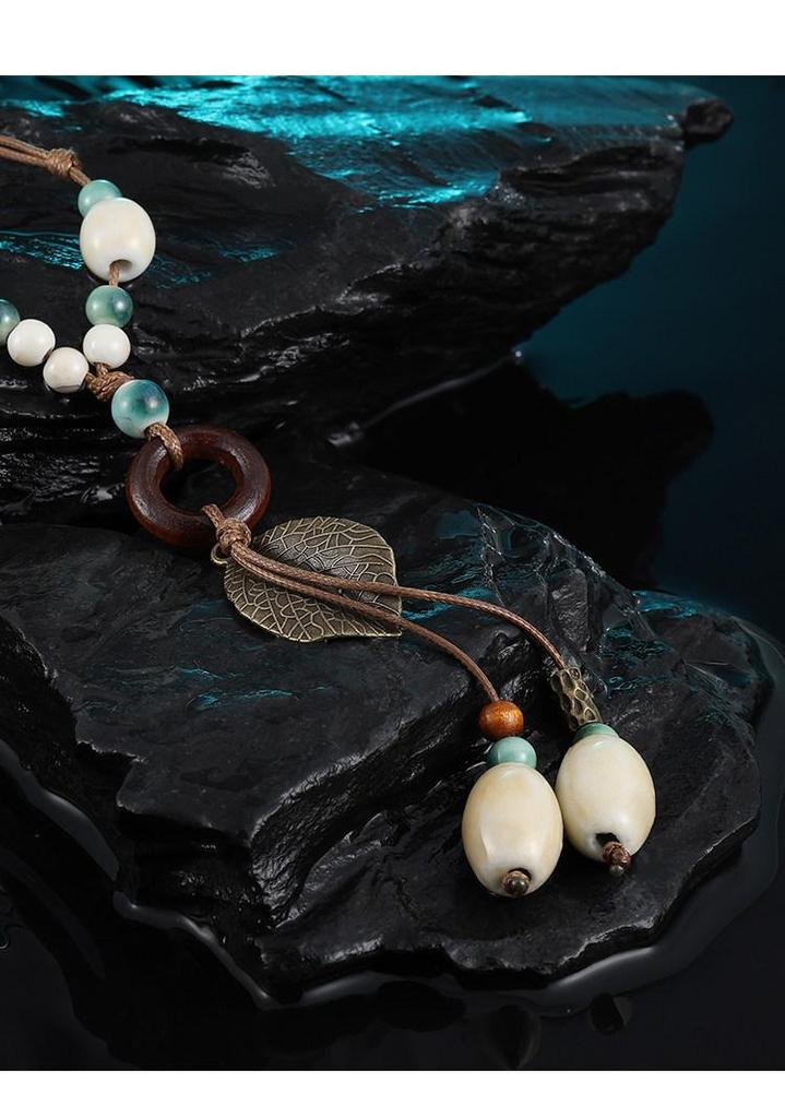 Ethnic Style Ceramic Leaf Tassel Necklace for Women - Autumn/Winter Accessories