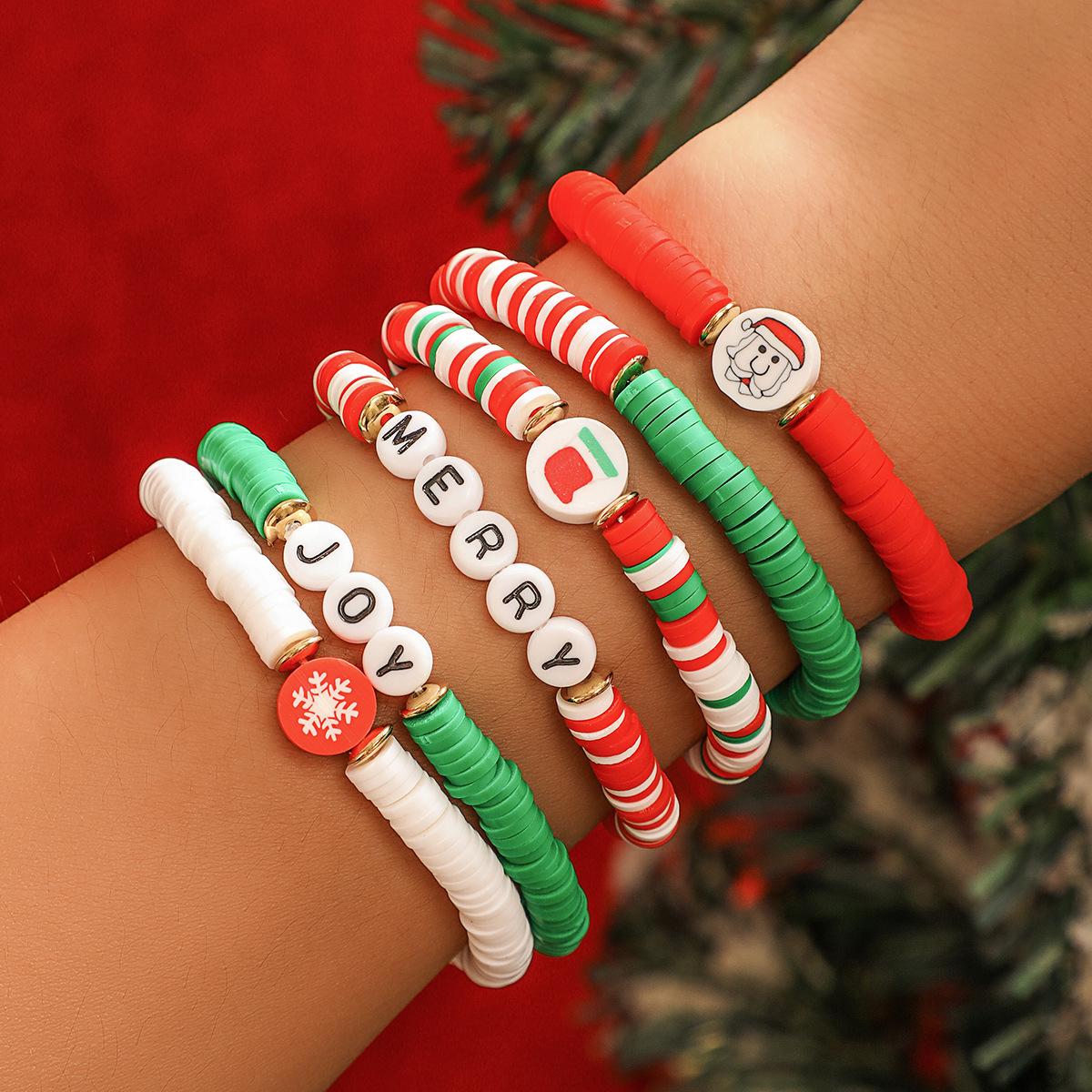 

Colorful Polymer Clay Christmas Bracelet with Cartoon Snowman and English Letters for Women