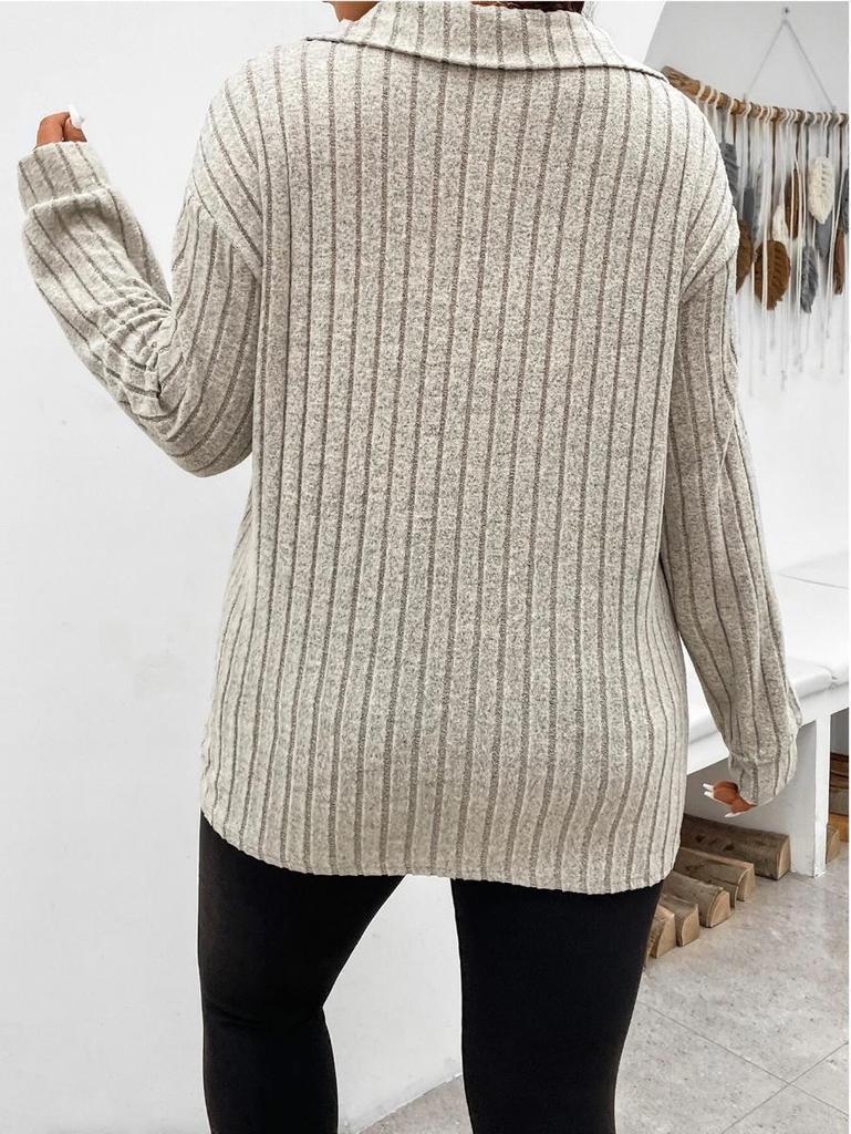 2025 Autumn/Winter Women's Plus Size V-Neck Ribbed Brushed Long Sleeve Top