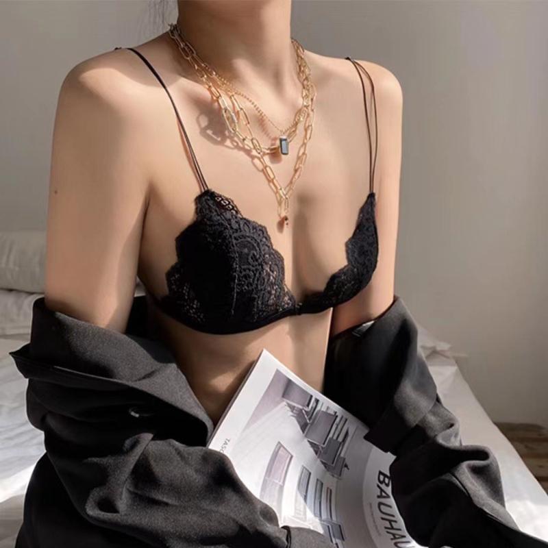 Women's Lace Bra Underwire Less See Through Bra Small Chest Triangle Cup Ultra-thin Lace Bra Pure Desire Beautiful Back Front Buckle Bra