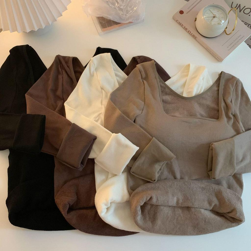 Korean Long Sleeve Fleece-Lined Slim Fit Square Neck Undershirt for Women