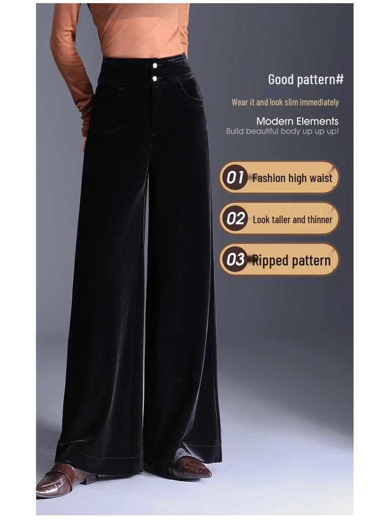 2025 High Waist Gold Samt Weitbein Damen Hose, Schlankmachend und Vielseitig für Herbst/Winter, Gerades Bein Bodenlang Drapierter Stil.