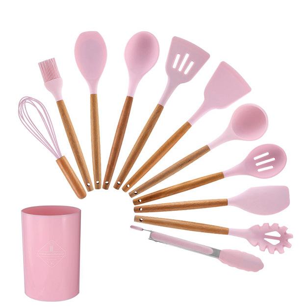 Silicone wooden handle kitchenware set 12-piece set High temperature resistant non-stick pan Scoop clip Kitchenware bucket Baking utensils