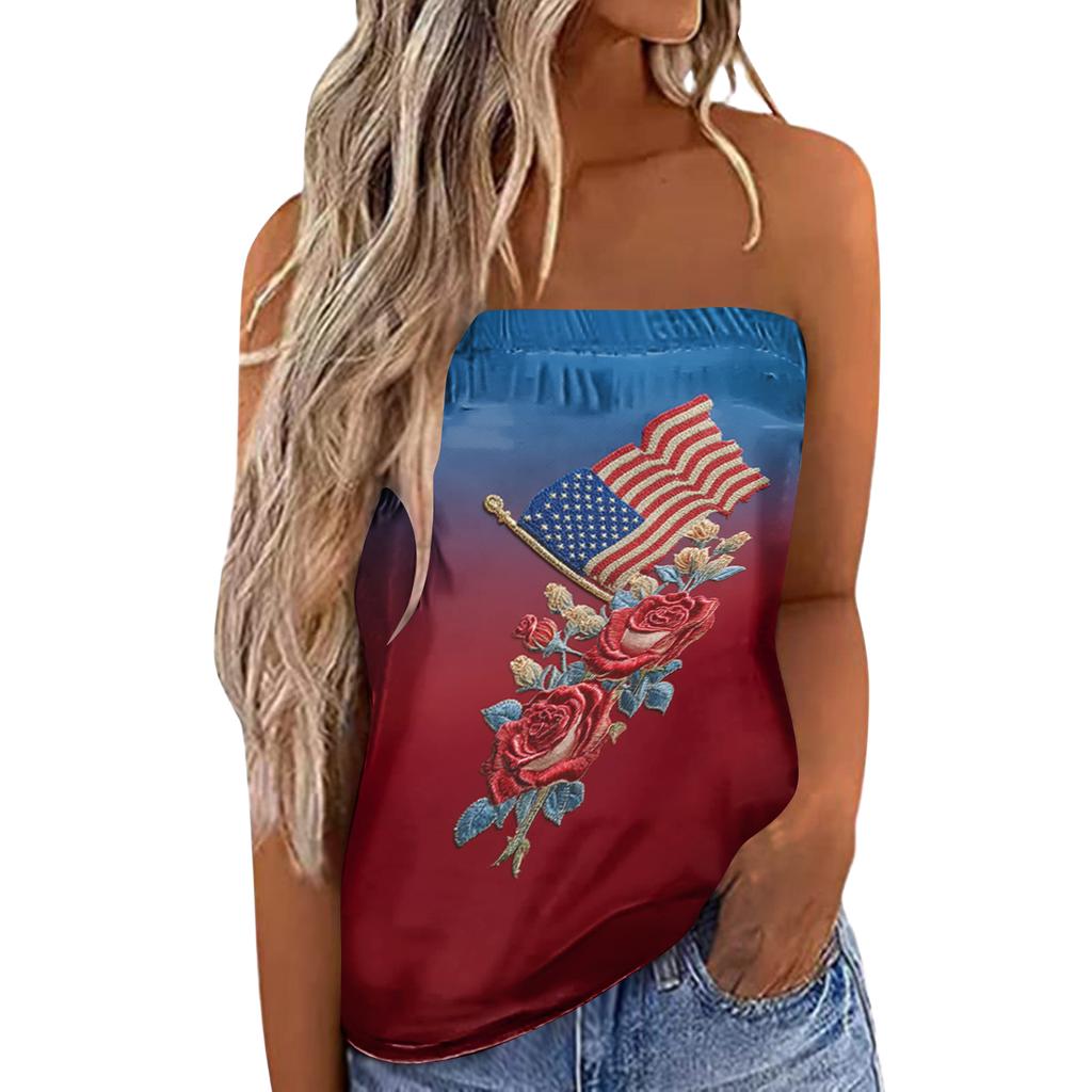 Women's Summer Sexy Strapless Off-Shoulder Elastic Band Design Independence Day Print Top