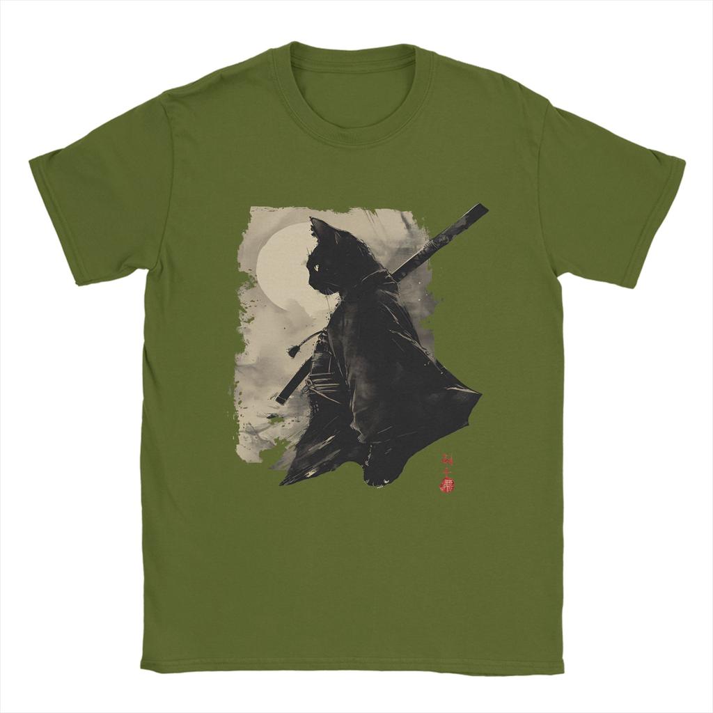 TShirts Unisex Samurai Cat Leisure Pure Cotton Tee Shirt Round Neck Short Sleeve T Shirt Plus Size Clothing