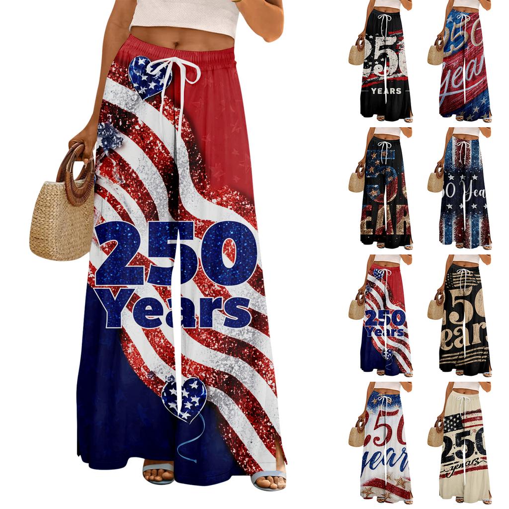 Women Summer Boho Palazzo Pants High Waist Wide Leg Floral Printing Casual Trousers With Pockets