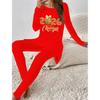 Euro-American Fashion 3D New Year Print Women's  Four-season Long-sleeved T-shirt + Long Pants Two-piece Set. Perfect Gift for New Year
