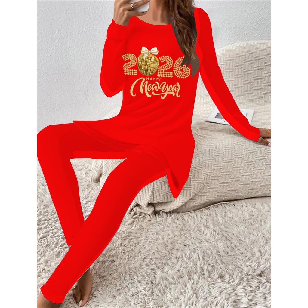 Euro-American Fashion 3D New Year Print Women's Four-season Long-sleeved T-shirt + Long Pants Two-piece Set. Perfect Gift for New Year