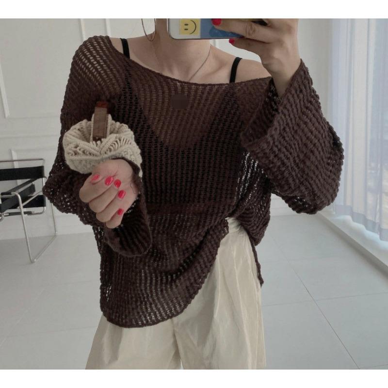 

Новый повседневный вязаный женский свитер с ажурным узором, корейская мода, летний простой пуловер с круглым вырезом, свободный топ, тонкая рубашка с длинным рукавом, перспективная, солнцезащитная One size