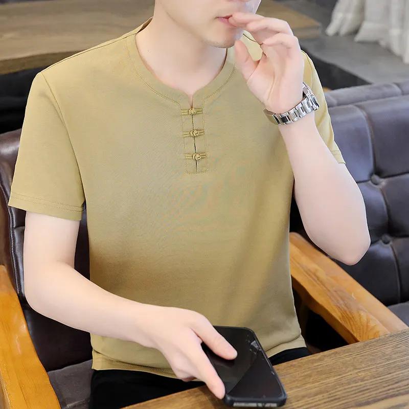 Chinese Style Men's Short Sleeve Tshirts Summer Men Thin Tang Costume Cotton Shirts Youth Fashion V Neck T-Shirt Male Tops Tees