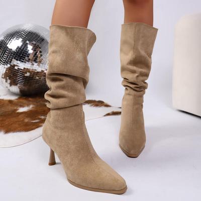 Fashion Retro Khaki Suede Mid Calf Boots Women 2025 Winter Sexy Pointed Toe High Heel Knee High Boots Brand Women's Shoes Plus Size 42