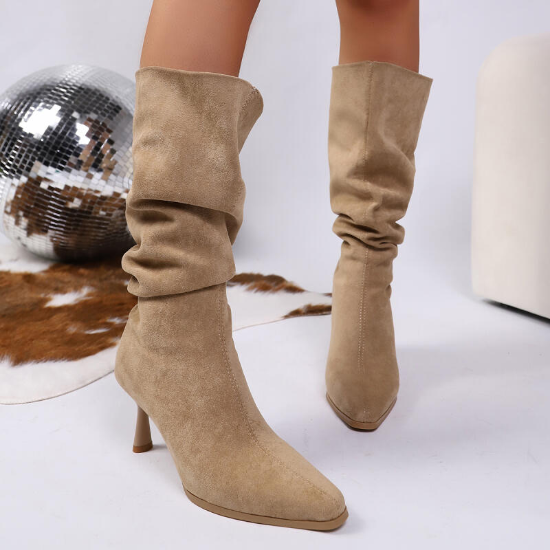 Retro Khaki Suede Mid Calf Boots Women 2025 Winter Sexy Pointed Toe High Heel Knee High Boots Brand Women's Shoes Plus Size 42