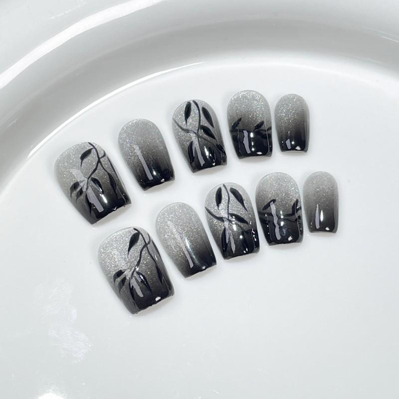 Hand-Painted Gradient Cat Eye Press-On Nails Short Style With 3D Embossed Crystal Effect Women