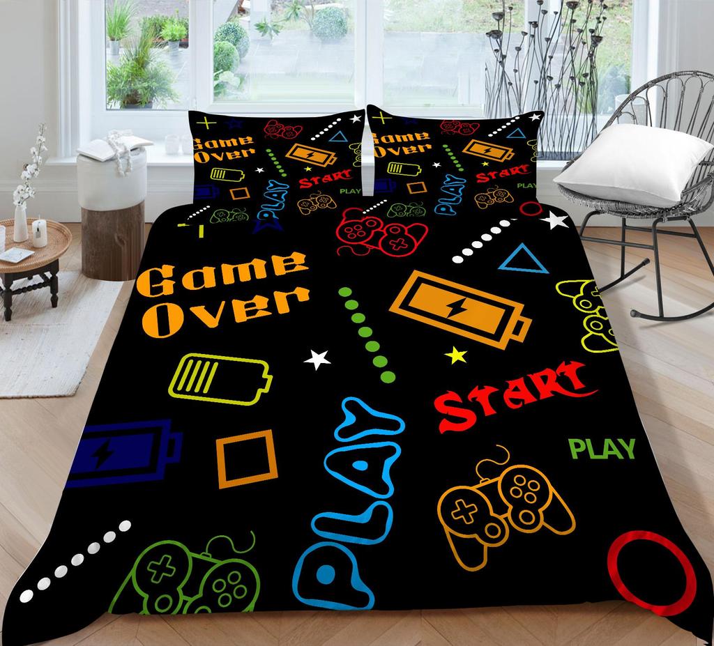 3D Bedding Single Double Bed Game Machine Printed Pillowcase and Quilt Cover 2/3 Pieces for Boys and Men Game Lovers Comfortable Household Bedding
