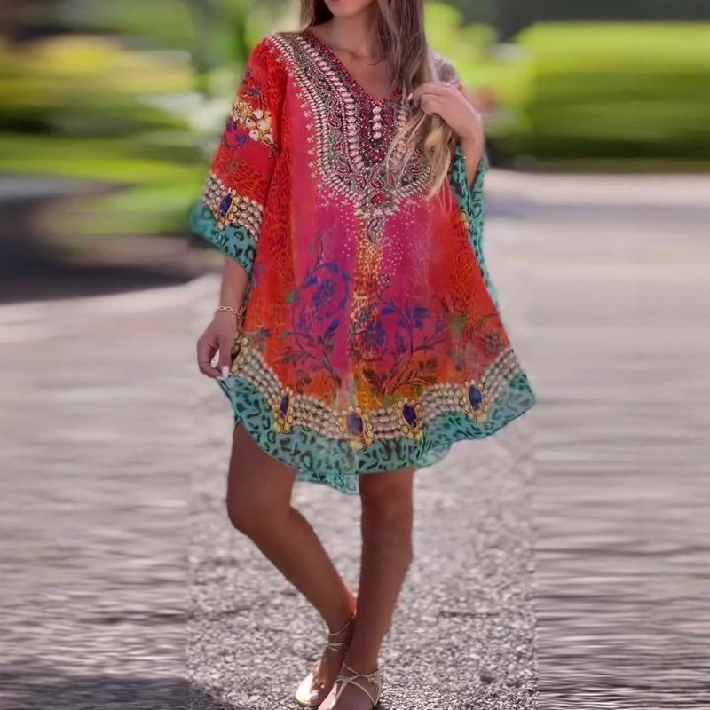 Women's Spring Fashion V-neck National Style Print Loose Smock Dress