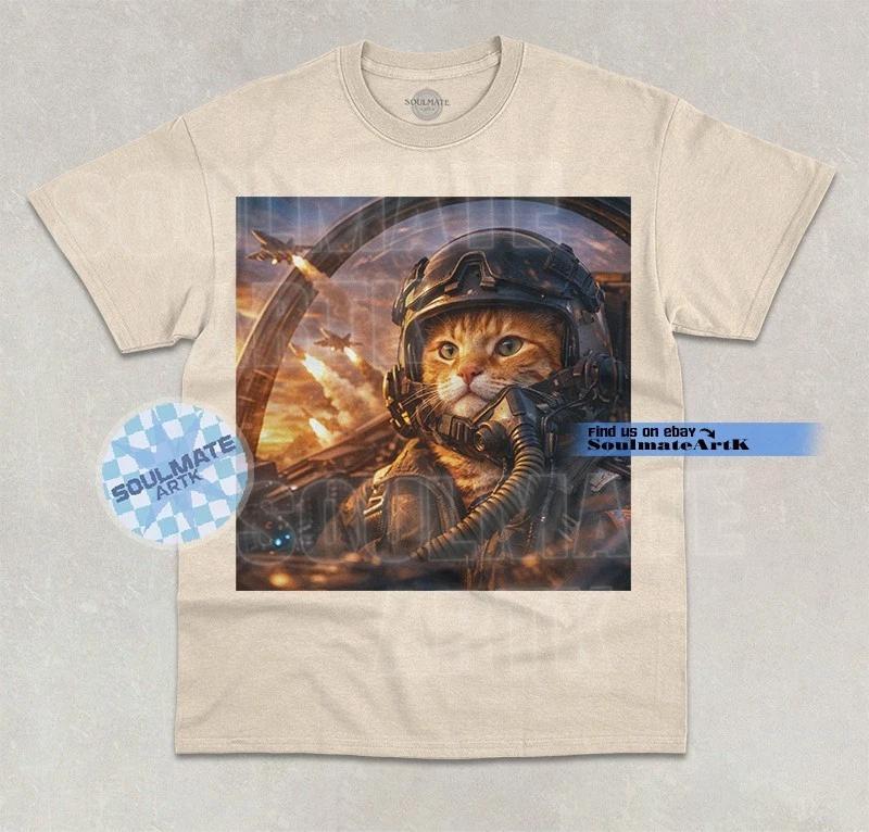 Pilot Cat T-Shirt Funny Meme Animal Joke Fighter Pilot Graphic Unisex Shirt L