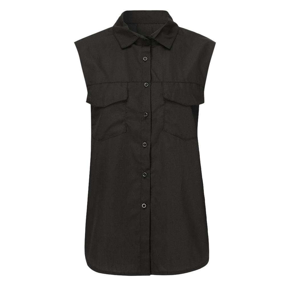 Women Casual Sleeveless Turn Down Collar Pockets Button Front Shirt Tops