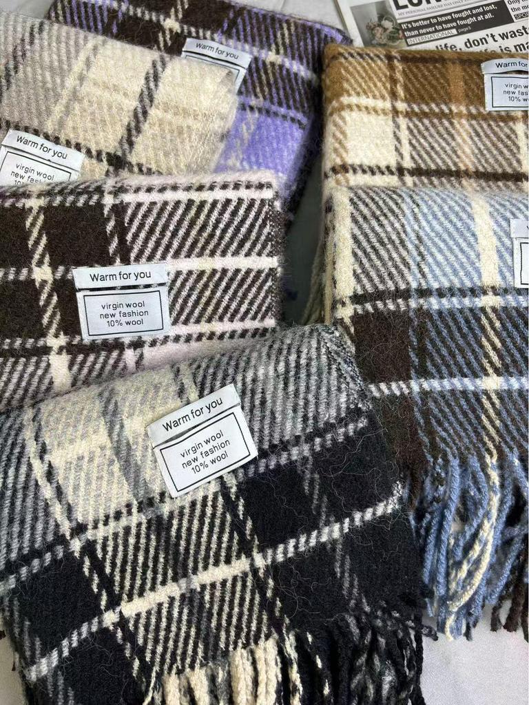 Women's Wool Blend Plaid Tassel Scarf - Warm, Thick, Versatile Korean-Style Shawl for Autumn/Winter