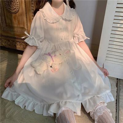 Rochie albă Kawaii Lolita pentru fete Moale prințesă Zână Peter Pan Guler Rochie stil japonez drăguț rochie de petrecere cu mâneci bufante