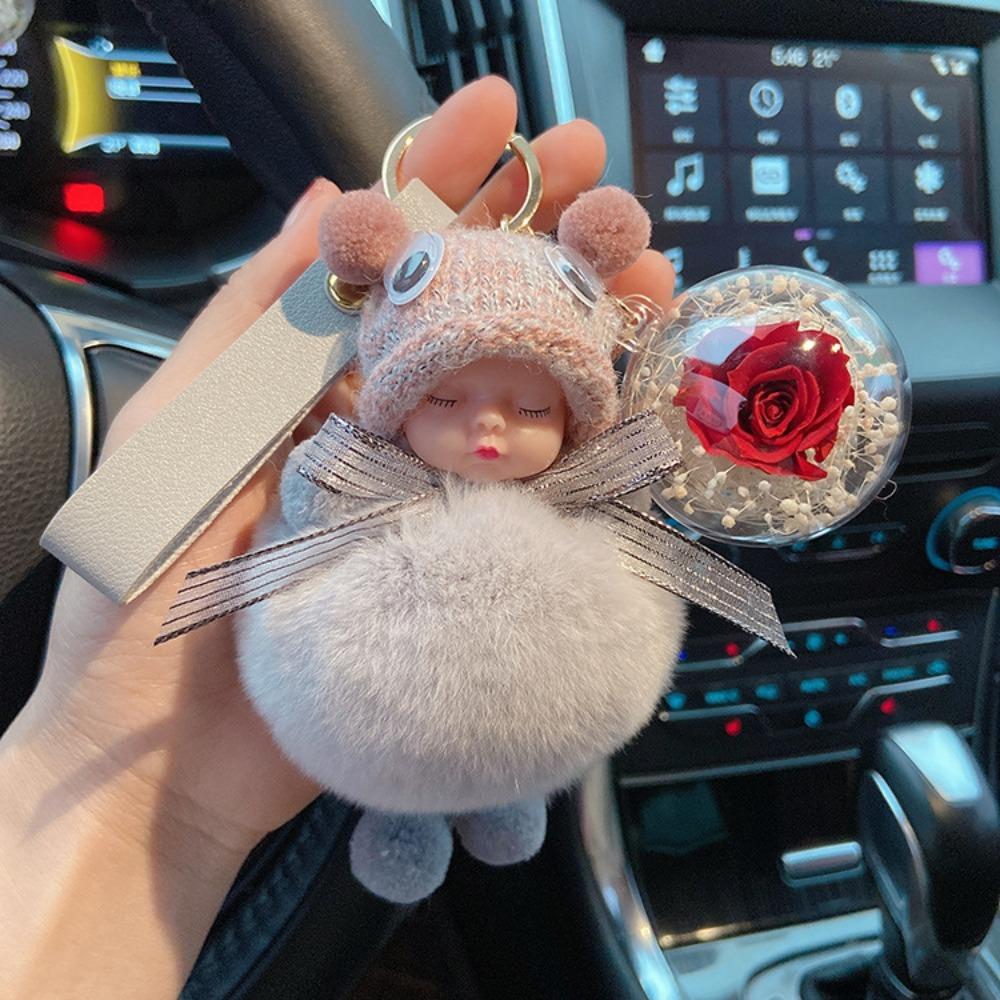 Pompom Fluffy Plush Doll Cute Flower Car Key Ring Keyholder Sleeping Baby Keychain  Jewelry Gift