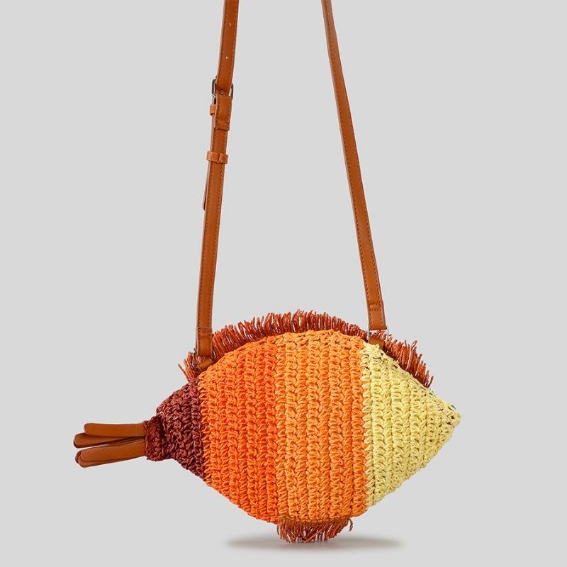 Borsa a Spalla Singola a Nicchia Design Borsa a Tracolla Colore Carino Pesce Borsa di Paglia Intrecciata a Mano Borsa da Spiaggia Primavera Estate