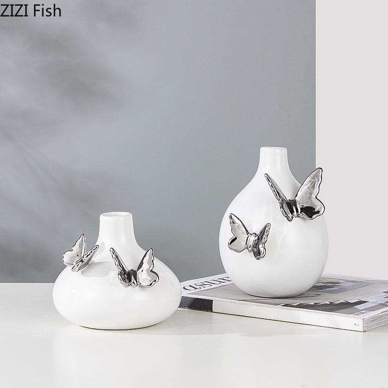 Silver Butterfly Decorative Ceramic Vase Flowers Pots Desk Decoration Flower Arrangement Floral Vases Room Aesthetic Decor