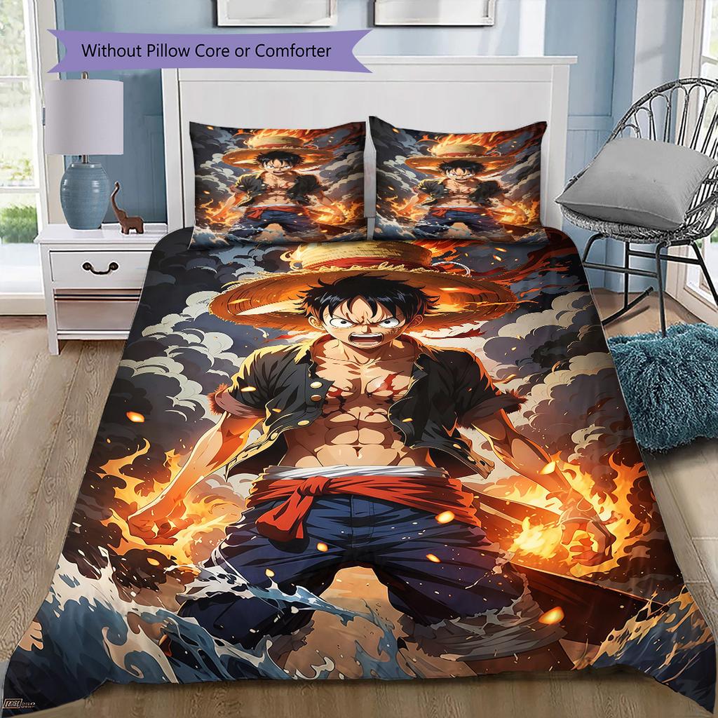 One Piece Monkey D Luffy Pattern Bedding Quilt Set Quilt Cover Pillowcase Home Birthday Gift(1 * Duvet Cover + 2 * Pillowcase, Without Core)