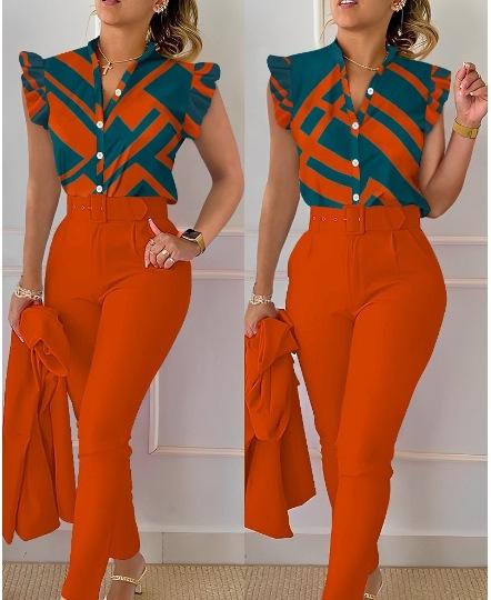 Two Piece Sets Women Outfits Elegant Single Breasted Short Sleeve Top Work Pants Casual Suit