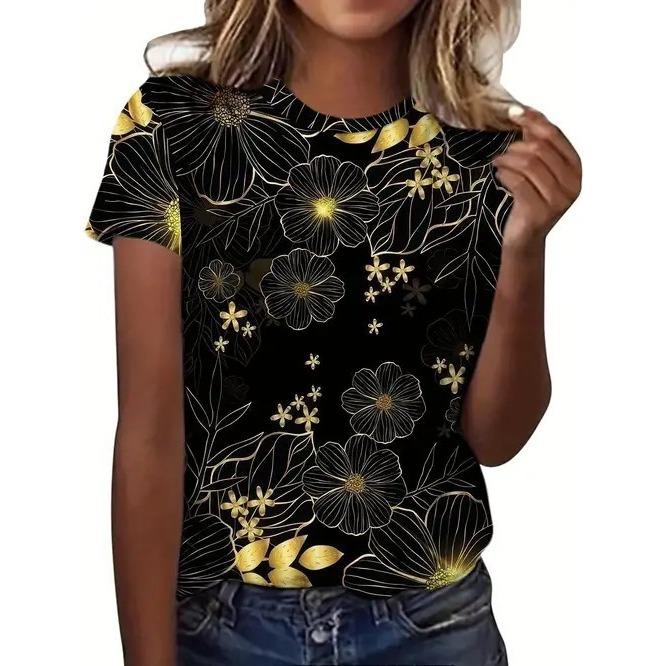 Summer Round Neck 3D Flower Butterfly Pattern Print Top Fashionable Casual Retro Short Sleeved Women's T-shirts