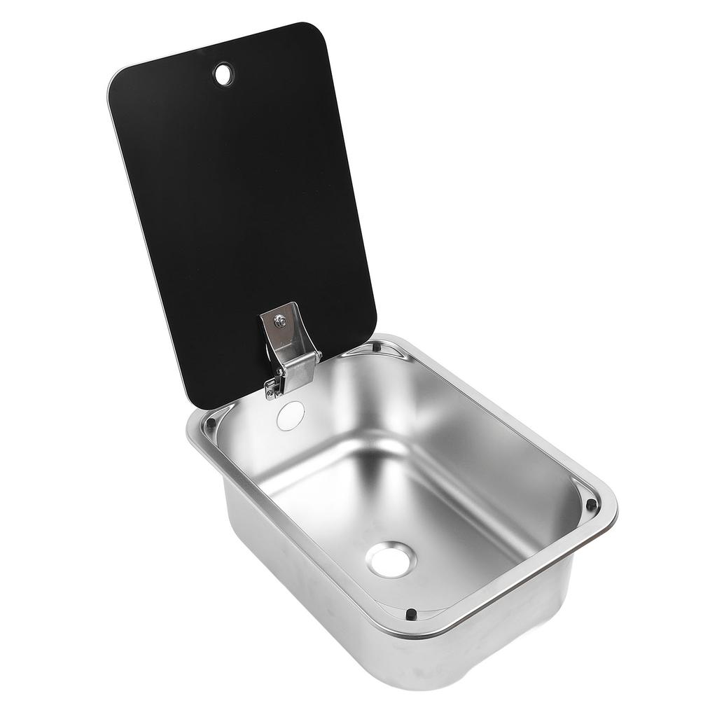 RV Single Bowl Bar Sink 15 X 11 X 5.4in Square Stainless Steel with Tempered Glass Lid and 40mm Drain Hole for Caravan