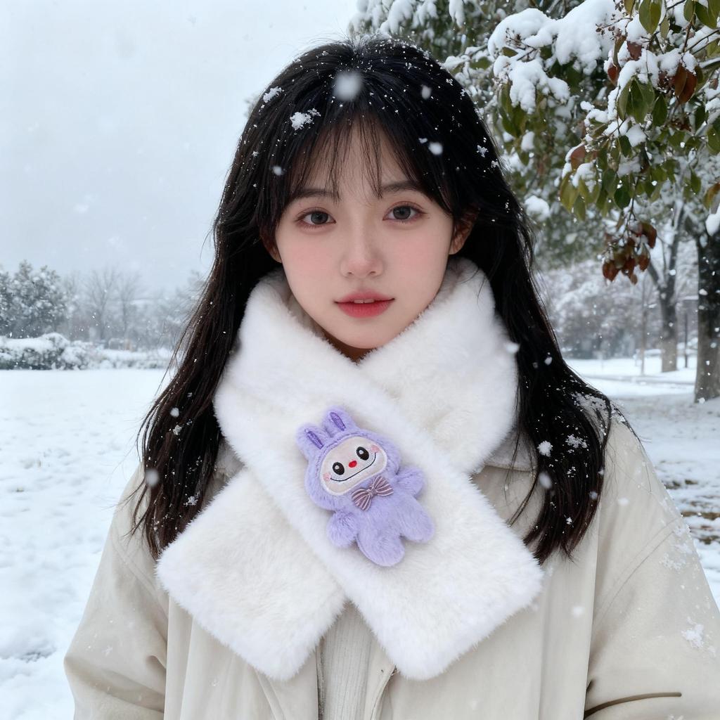 2025 Autumn/Winter Cute Cartoon Plush Scarf: Faux Rabbit Neck Warmer for Girls