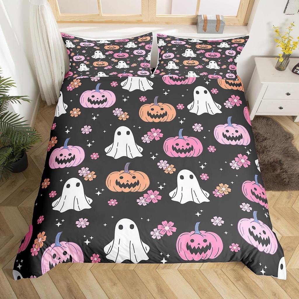 Cartoon Ghost Duvet Cover Scary Halloween Theme Bedding Set Spooky Pumpkin Comforter Cover Skull Skeleton Bed Cover Twin Queen
