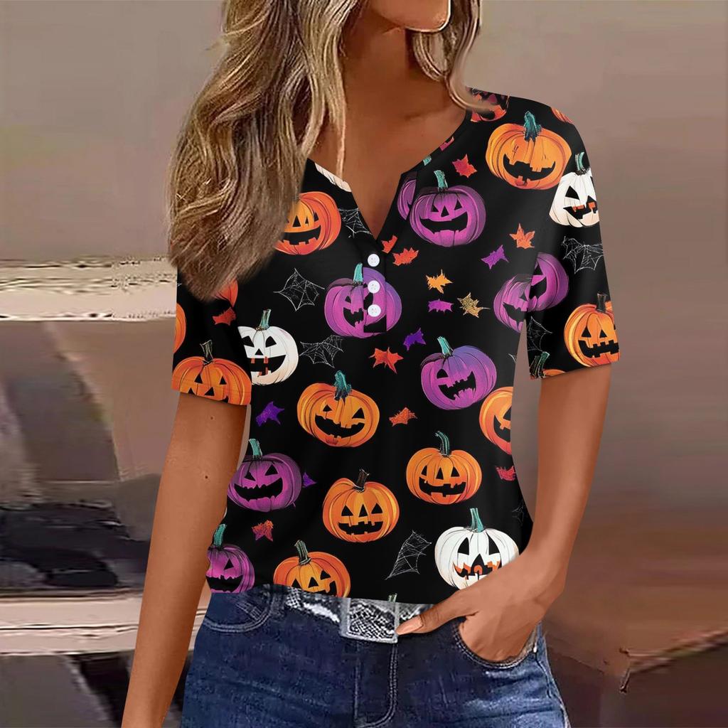 Women's T Shirt Tee Halloween Printed Button Short Sleeve Tunic Daily Weekend Fashion Basic V- Neck Regular Top